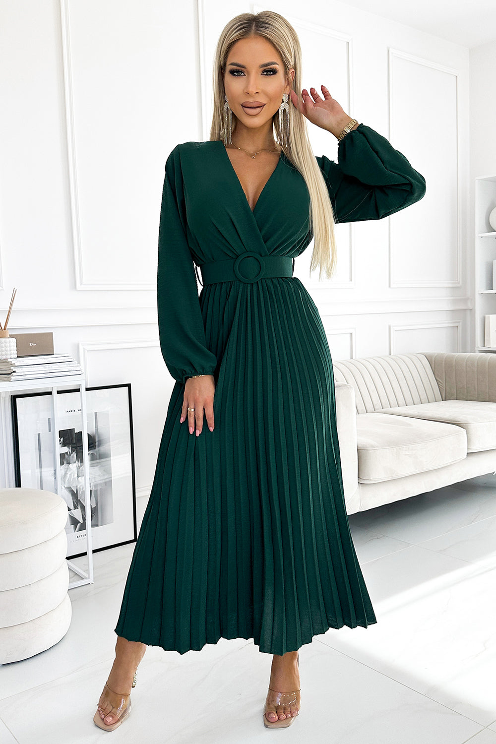 Numoco Basic 504-3 VIVIANA Pleated midi dress with a neckline, long sleeves and a wide belt - green-0