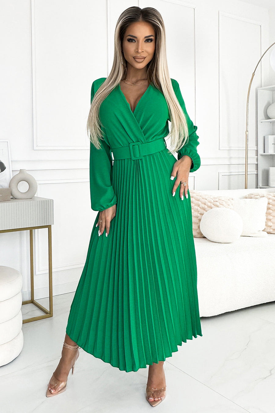 Numoco Basic 504-4 VIVIANA Pleated midi dress with a neckline, long sleeves and a wide belt - light green-0