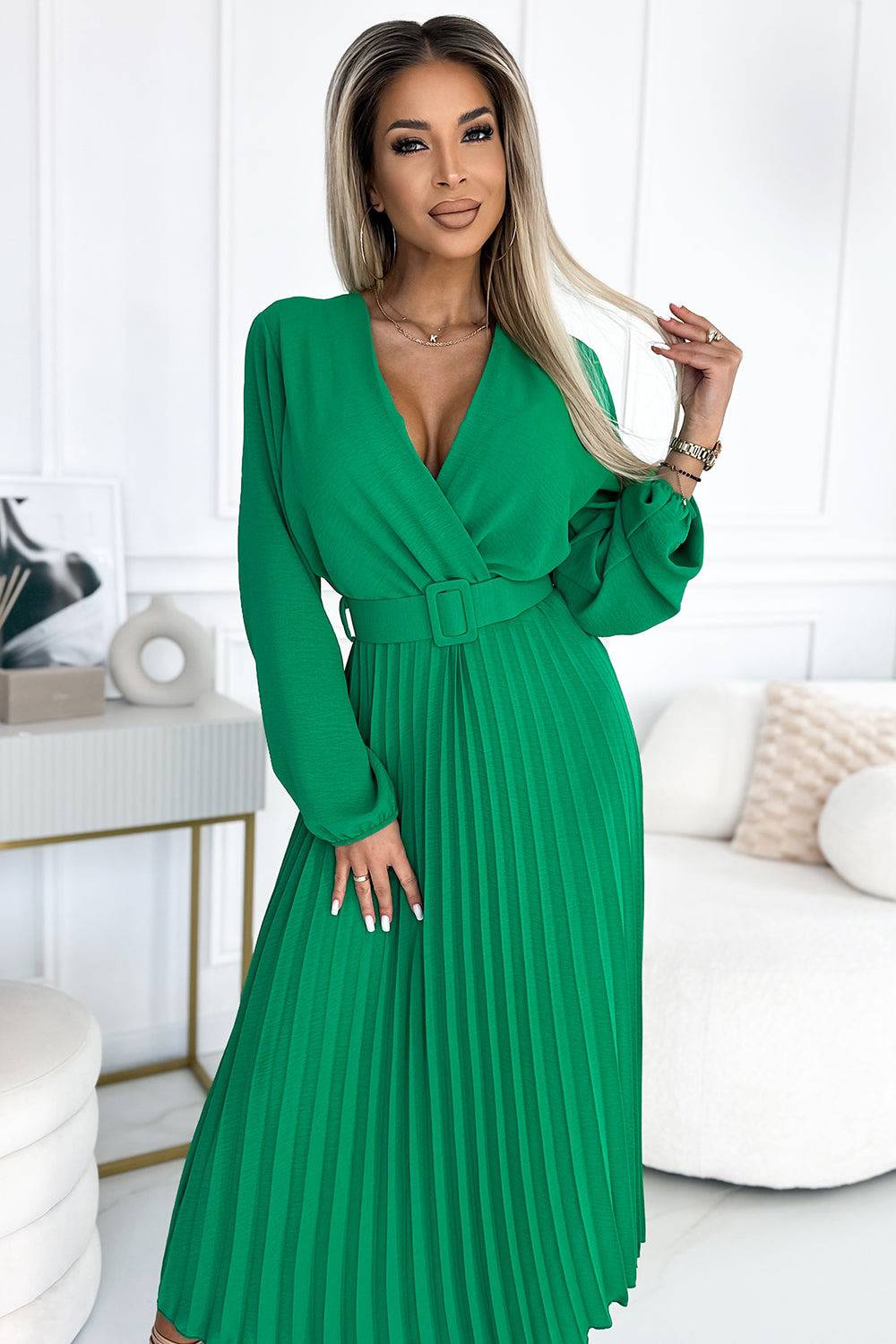 Numoco Basic 504-4 VIVIANA Pleated midi dress with a neckline, long sleeves and a wide belt - light green-Shangri-La Fashion