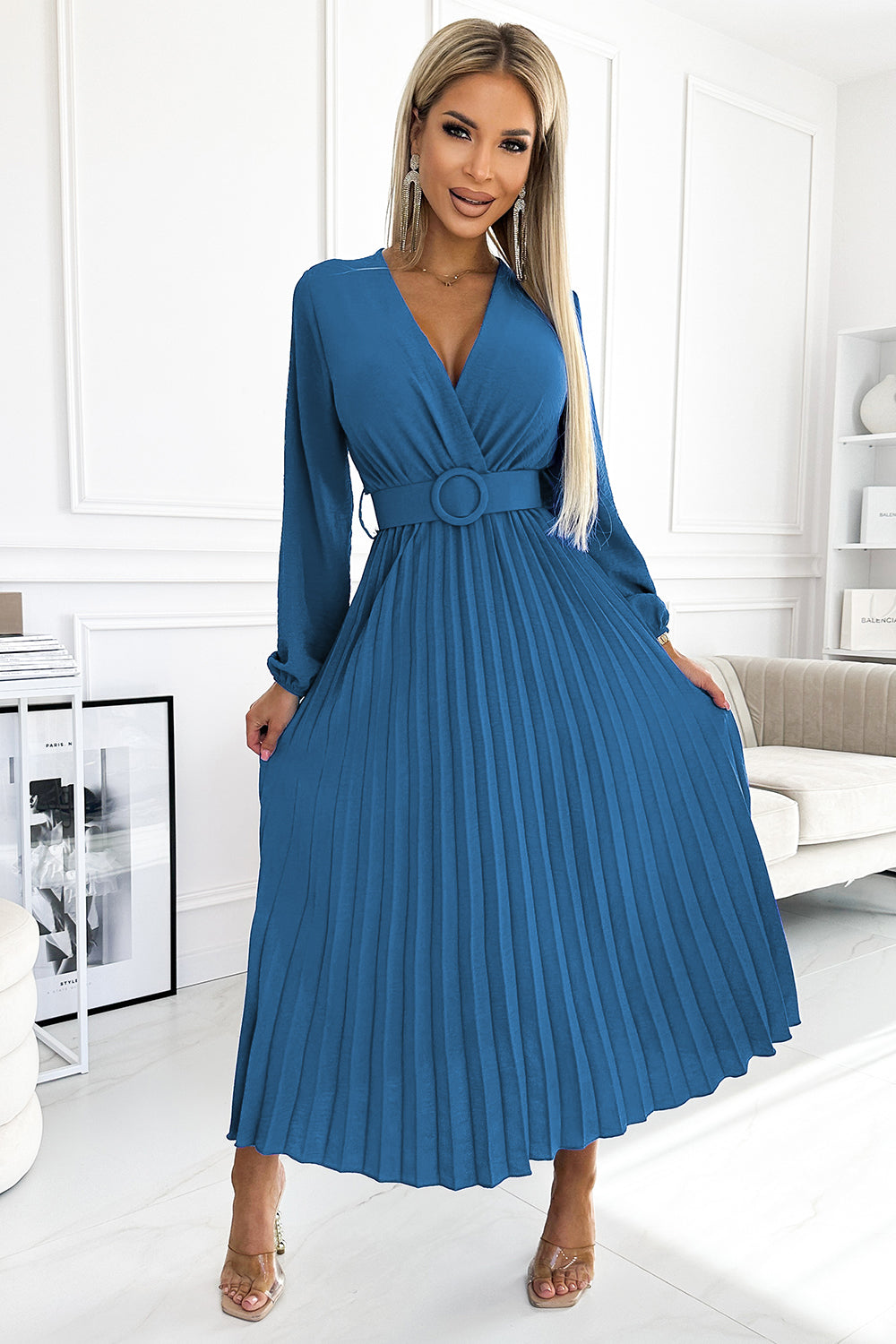 Numoco Basic 504-5 VIVIANA Pleated midi dress with a neckline, long sleeves and a wide belt - JEANS-0