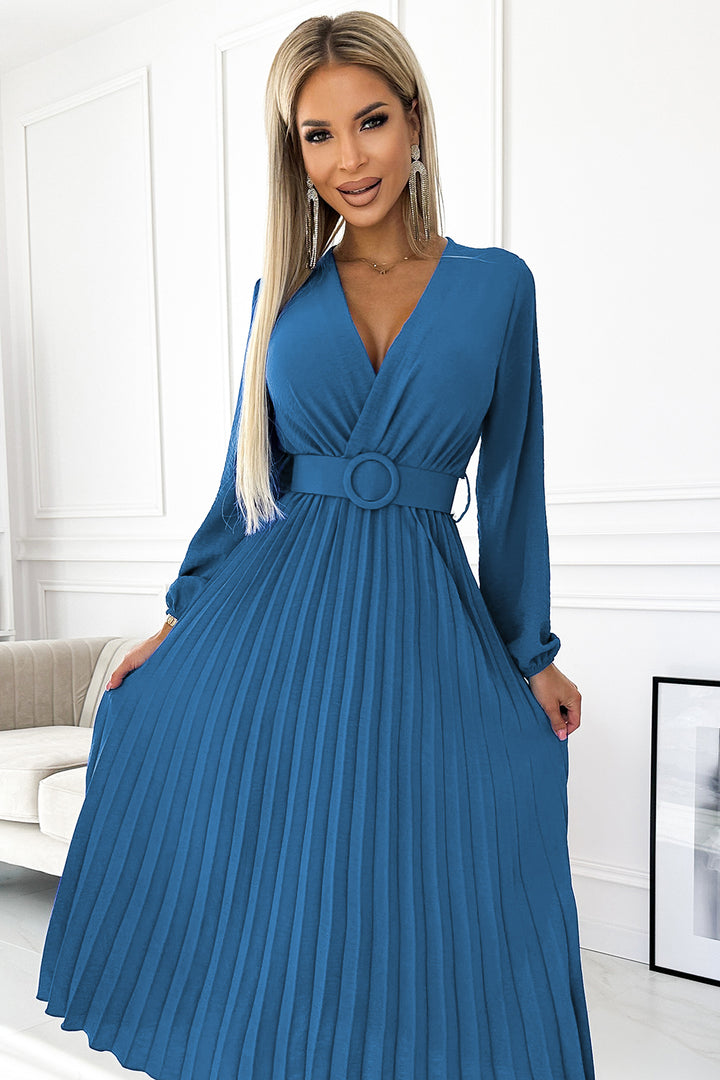 Numoco Basic 504-5 VIVIANA Pleated midi dress with a neckline, long sleeves and a wide belt - JEANS-3
