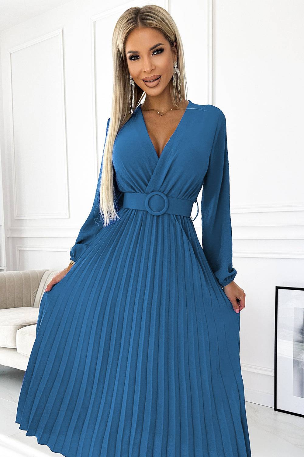 Numoco Basic 504-5 VIVIANA Pleated midi dress with a neckline, long sleeves and a wide belt - JEANS-Shangri-La Fashion