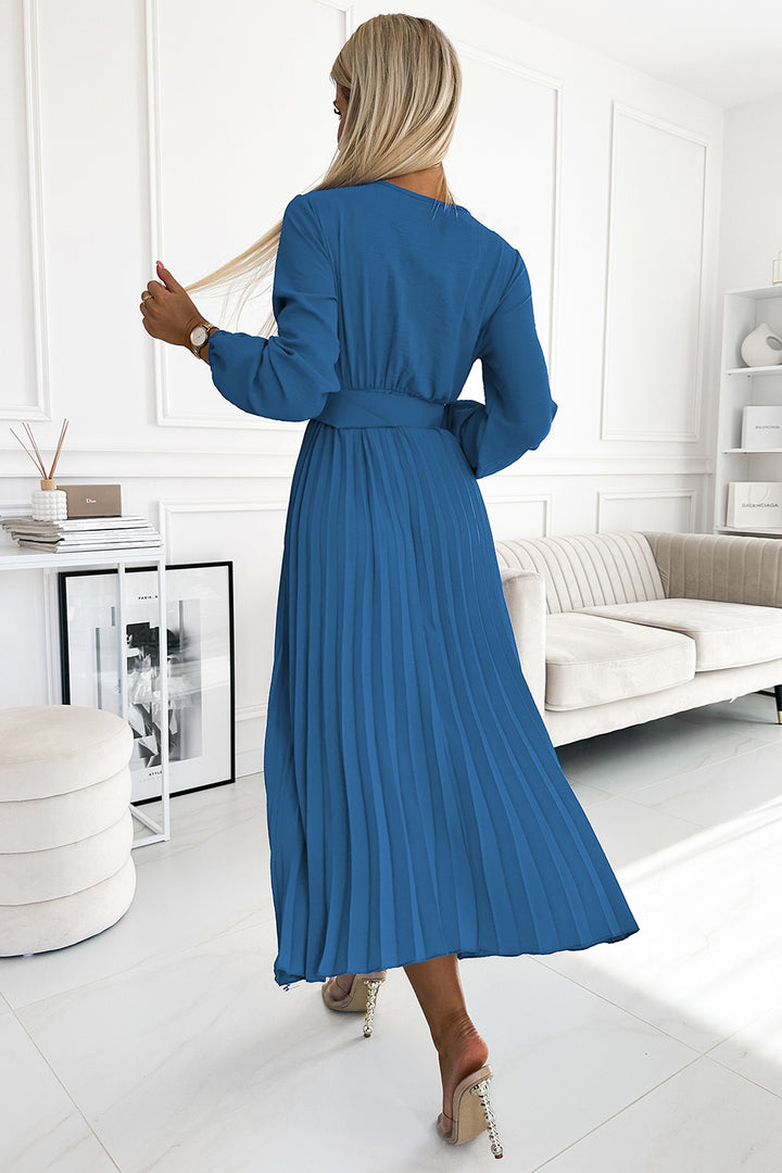 Numoco Basic 504-5 VIVIANA Pleated midi dress with a neckline, long sleeves and a wide belt - JEANS-2