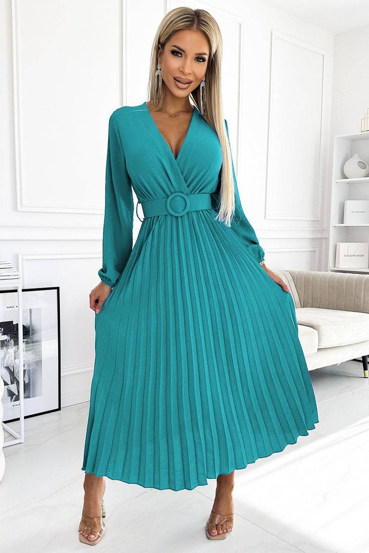 Numoco Basic 504-6 VIVIANA Pleated midi dress with a neckline, long sleeves and a wide belt - sea color-Shangri-La Fashion