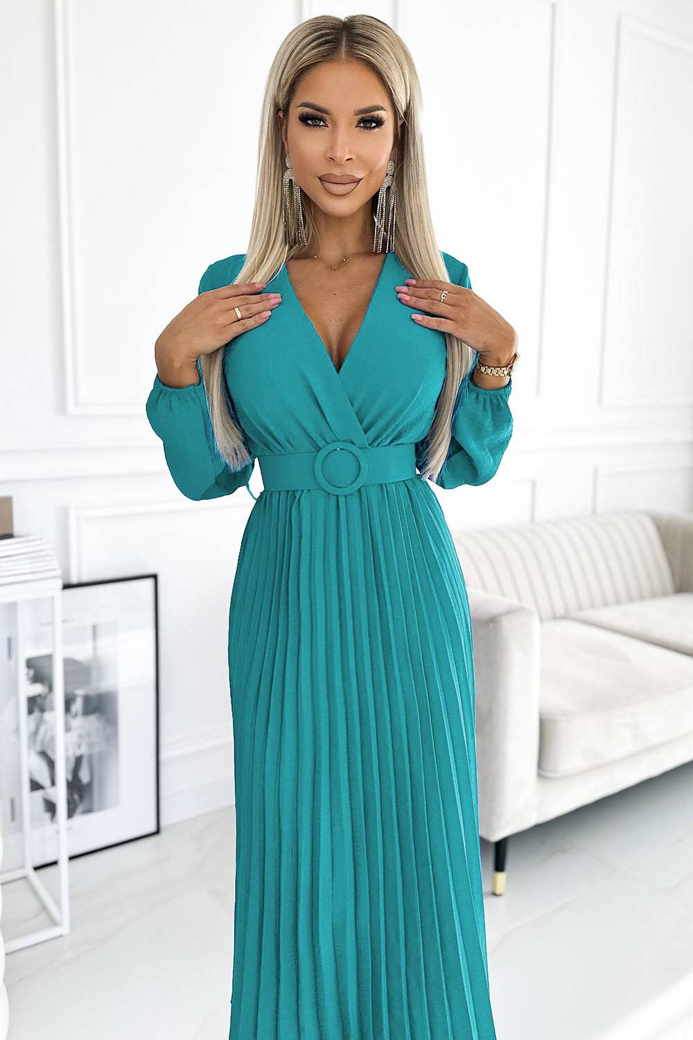 Numoco Basic 504-6 VIVIANA Pleated midi dress with a neckline, long sleeves and a wide belt - sea color-Shangri-La Fashion