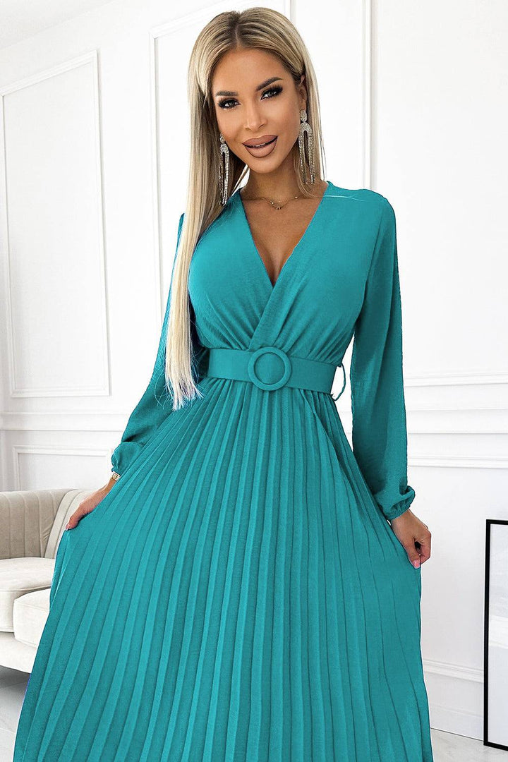 Numoco Basic 504-6 VIVIANA Pleated midi dress with a neckline, long sleeves and a wide belt - sea color-Shangri-La Fashion