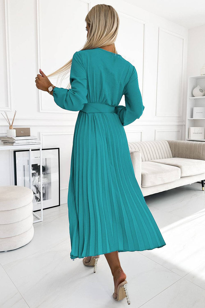 Numoco Basic 504-6 VIVIANA Pleated midi dress with a neckline, long sleeves and a wide belt - sea color-Shangri-La Fashion