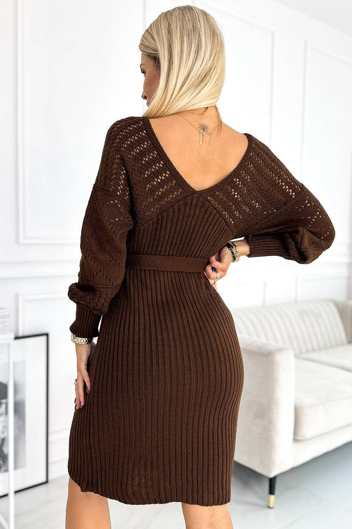 Numoco Basic 507-3 Openwork sweater dress with a neckline and ties - chocolate color-Shangri-La Fashion