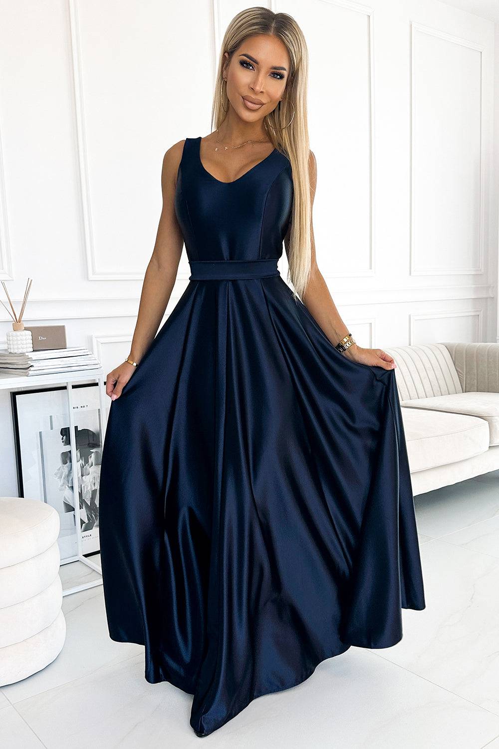 Numoco 508-1 CINDY long satin dress with a neckline and bow - navy blue