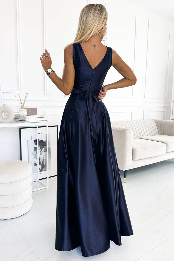 Numoco 508-1 CINDY long satin dress with a neckline and bow - navy blue