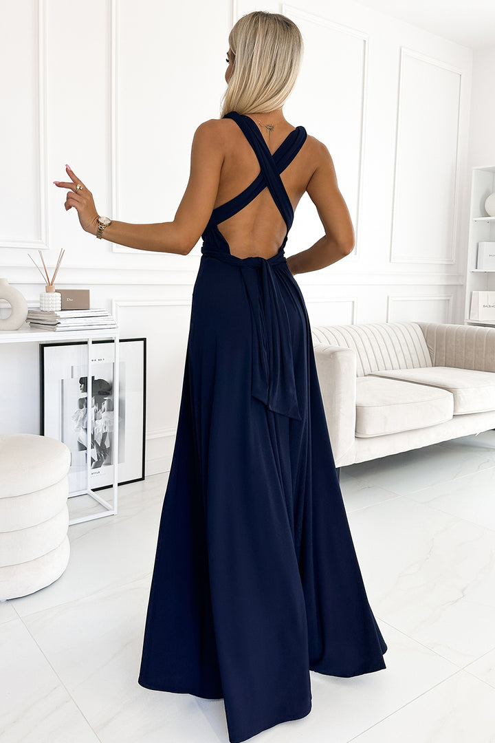 Numoco 509-1 Elegant long dress tied in many ways - navy blue-2