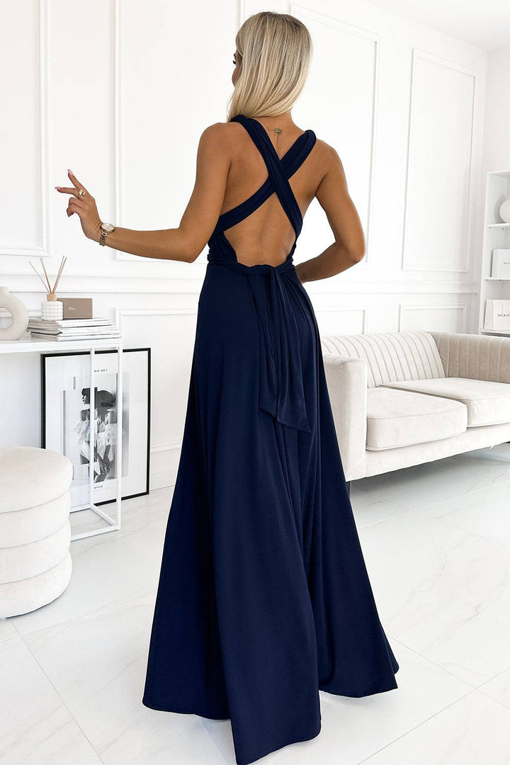 Numoco 509-1 Elegant long dress tied in many ways - navy blue-Shangri-La Fashion