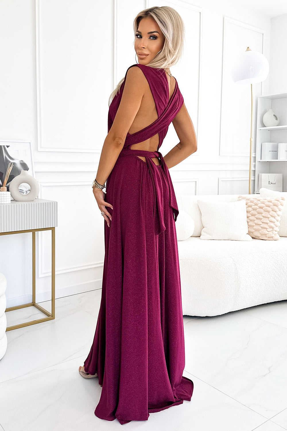 Numoco 509-3 Elegant long dress tied in many ways - burgundy with glitter-2