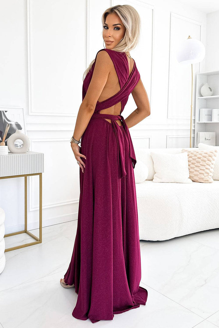 Numoco 509-3 Elegant long dress tied in many ways - burgundy with glitter-Shangri-La Fashion