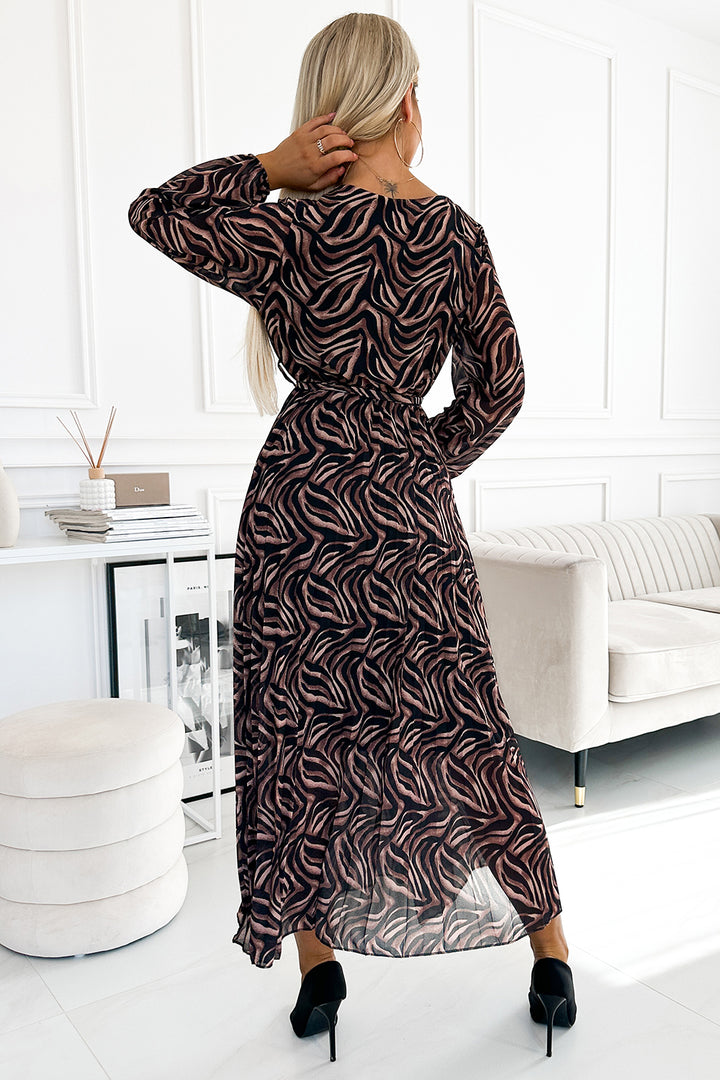 Numoco Basic 511-2 Pleated chiffon long dress with a neckline, long sleeves and a belt - brown zebra-2