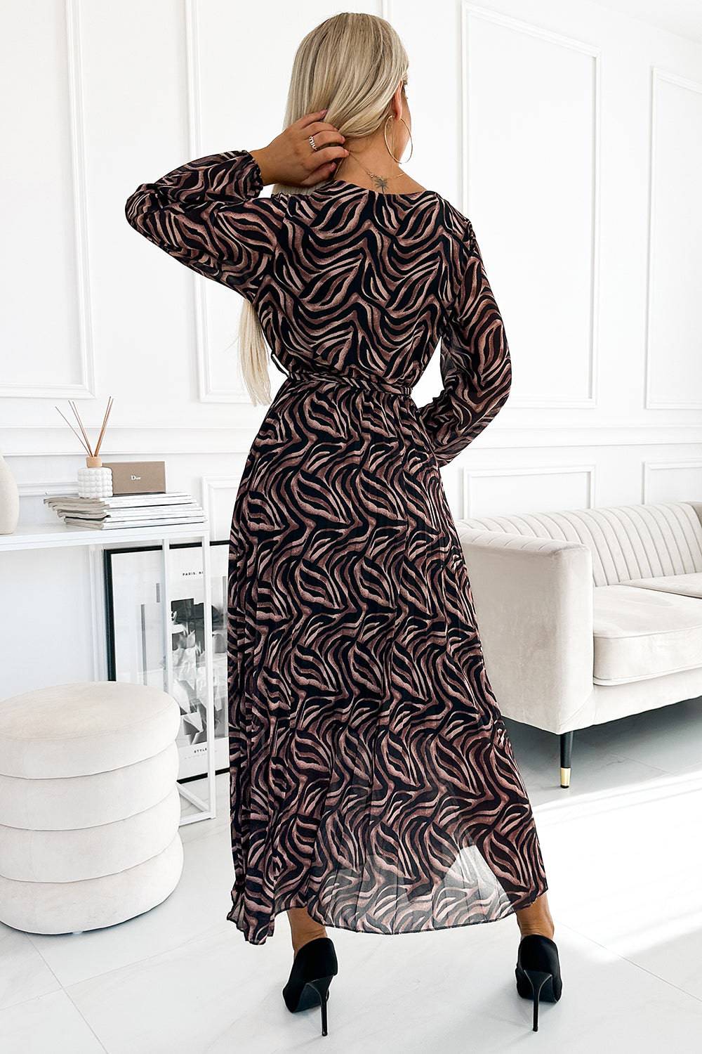 Numoco Basic 511-2 Pleated chiffon long dress with a neckline, long sleeves and a belt - brown zebra-Shangri-La Fashion