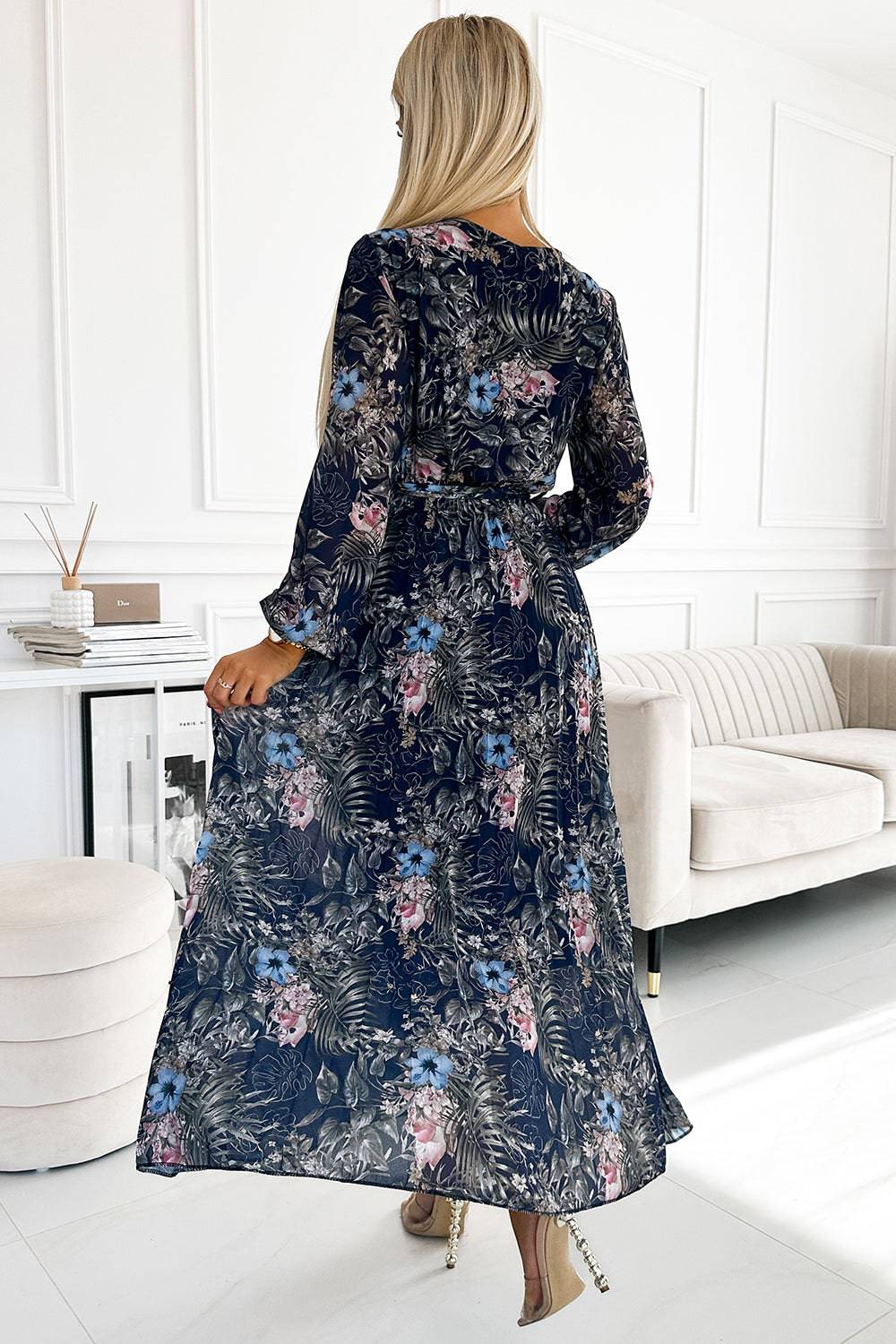 Numoco Basic 511-3 Pleated chiffon long dress with a neckline, long sleeves and a belt - navy blue pattern-Shangri-La Fashion