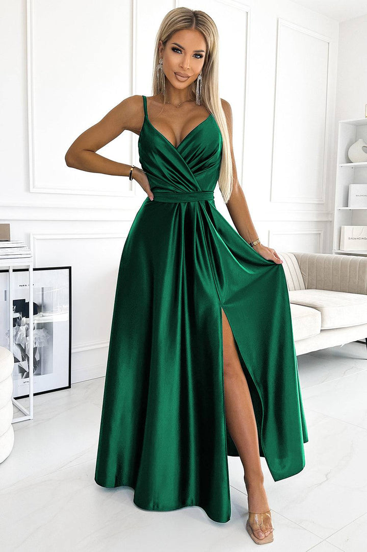 Numoco 512-1 JULIET elegant long satin dress with a neckline - green