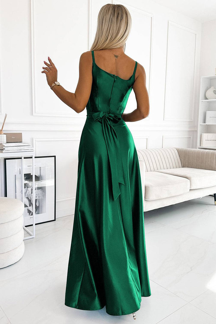 Numoco 512-1 JULIET elegant long satin dress with a neckline - green