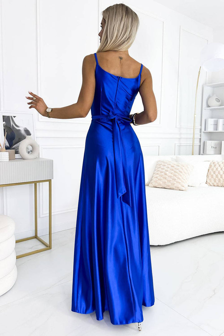 Numoco 512-4 JULIET elegant long satin dress with a neckline and leg slit - royal blue-Shangri-La Fashion