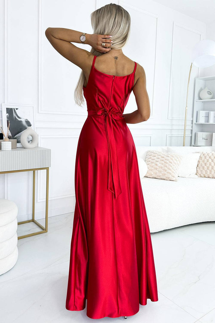 Numoco 512-5 JULIET elegant long satin dress with a neckline and leg slit - red-Shangri-La Fashion