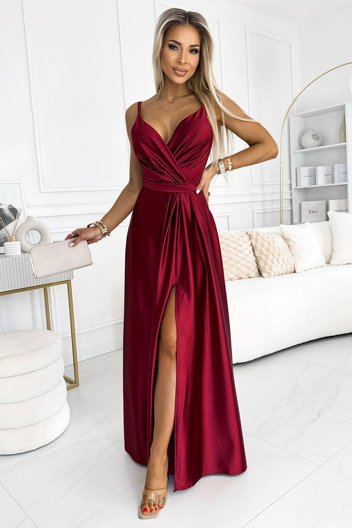 Numoco 512-6 JULIET elegant long satin dress with a neckline and leg slit - Burgundy color