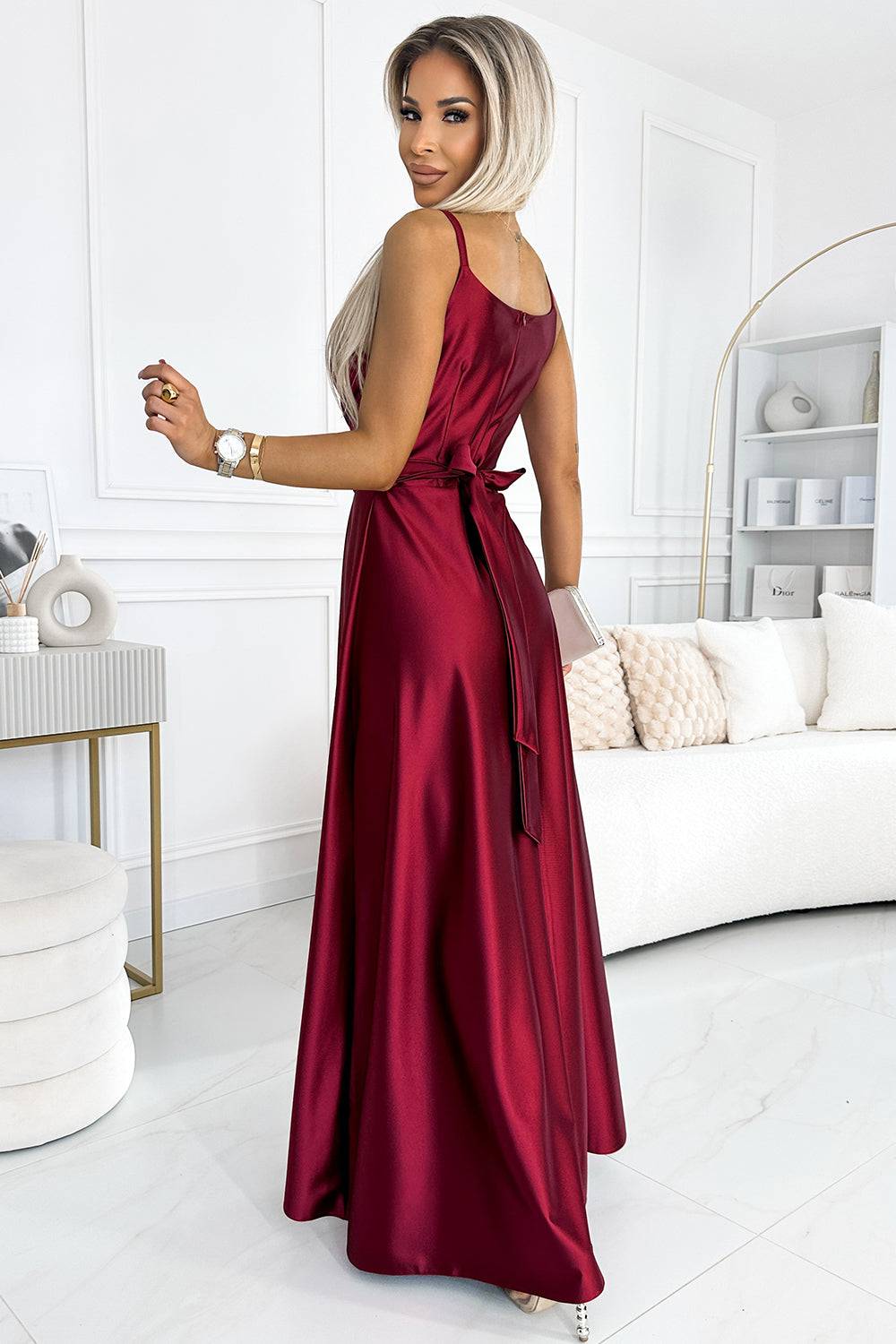 Numoco 512-6 JULIET elegant long satin dress with a neckline and leg slit - Burgundy color