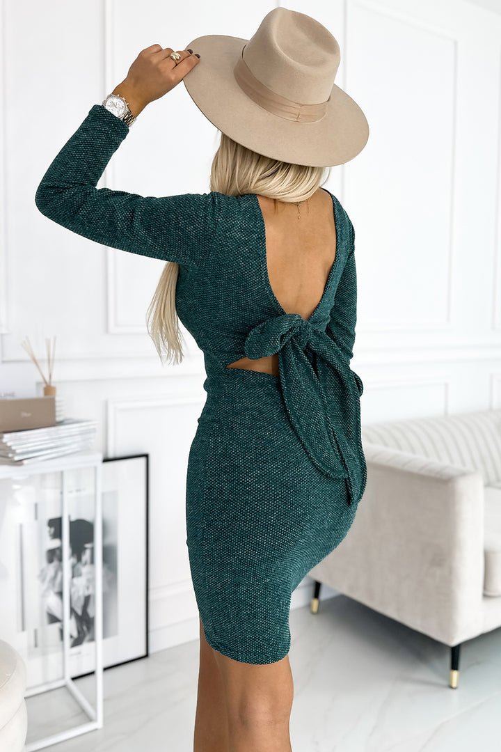 Numoco 518-1 Comfortable sweater dress with a bow on the back - green-1