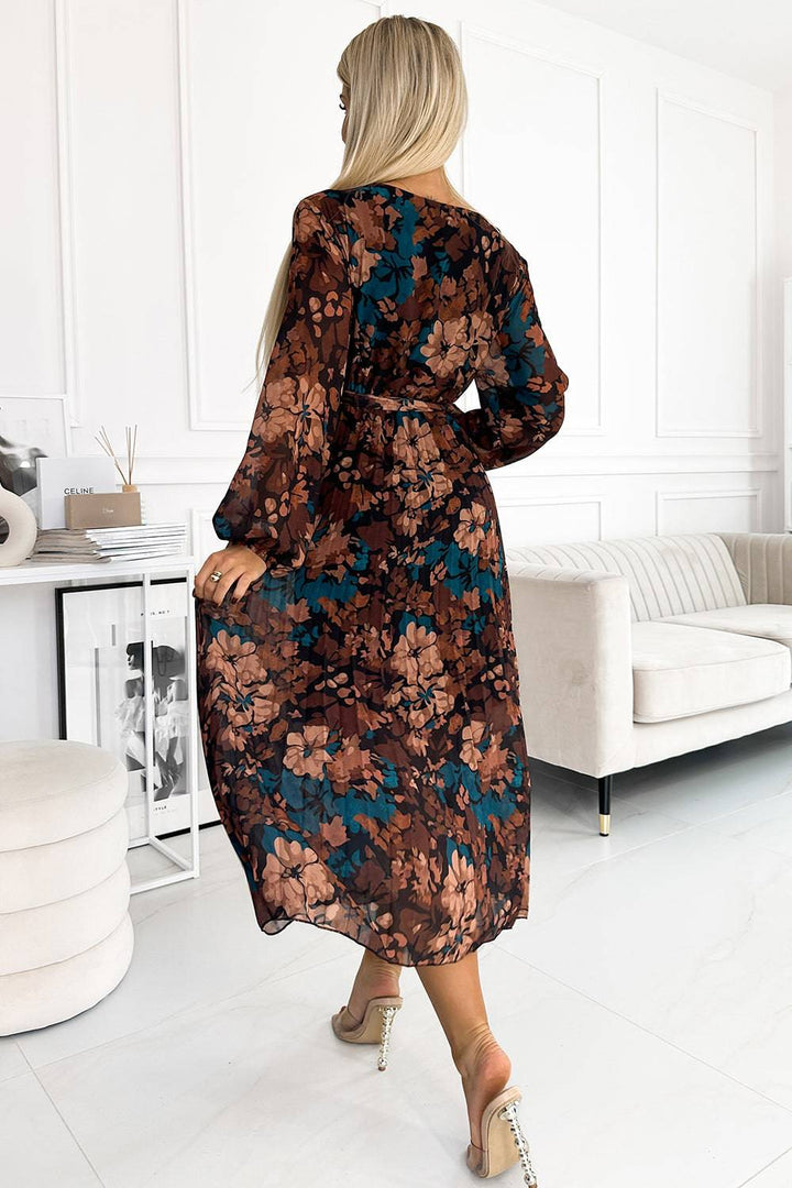 Numoco Basic 519-2 Pleated chiffon long dress with a neckline, long sleeves and a belt - brown-blue flowers-Shangri-La Fashion