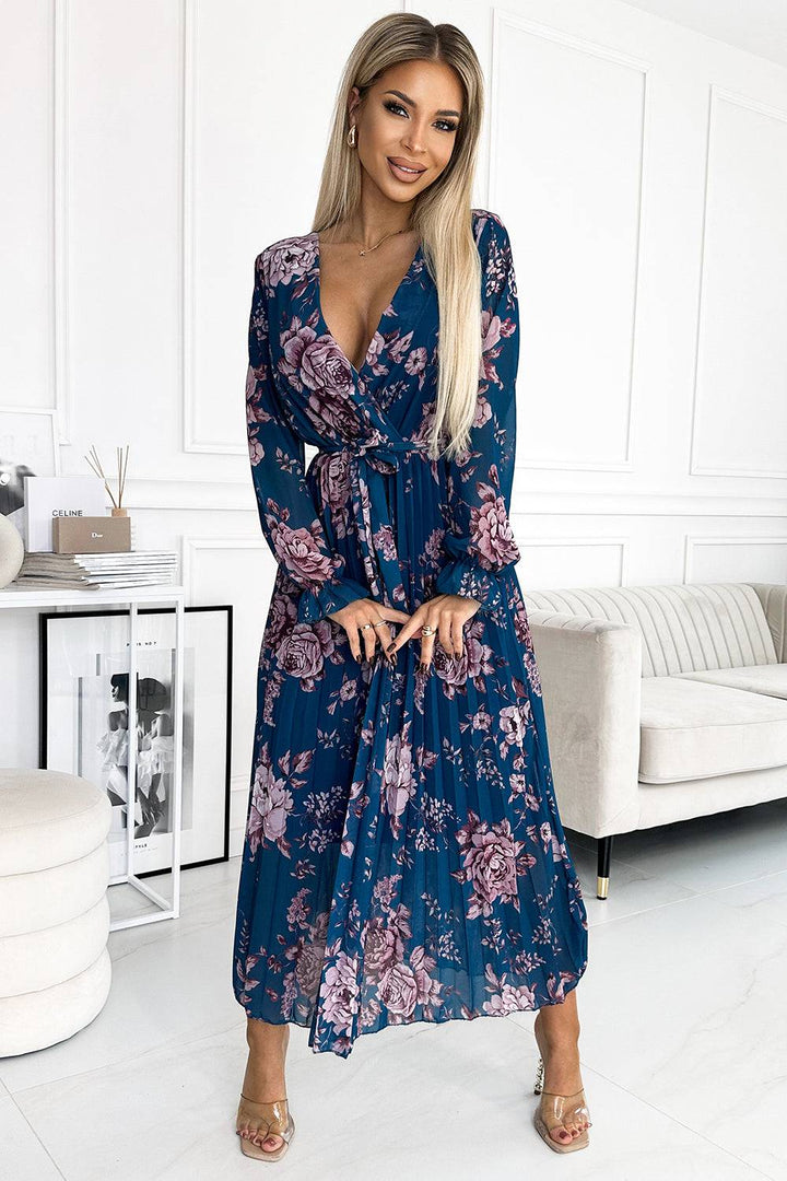 Numoco Basic 519-3 Pleated chiffon long dress with a neckline, long sleeves and a belt - Blue with flowers-Shangri-La Fashion