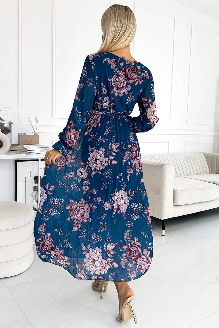 Numoco Basic 519-3 Pleated chiffon long dress with a neckline, long sleeves and a belt - Blue with flowers-Shangri-La Fashion