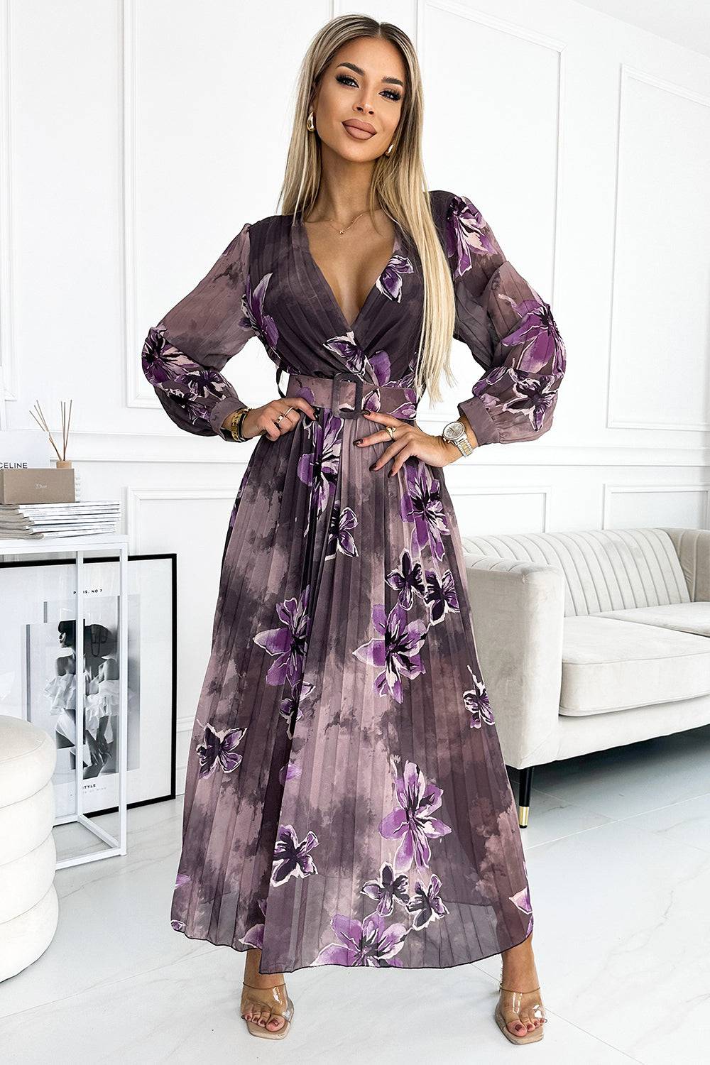 Numoco Basic 520-1 Pleated chiffon long dress with a neckline, long sleeves and a wide belt - purple large flowers-Shangri-La Fashion