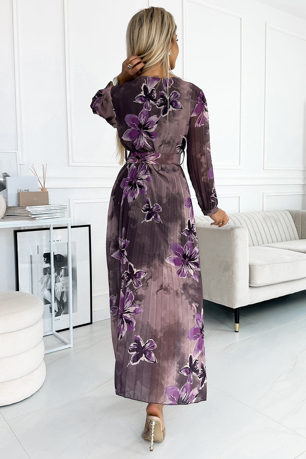 Numoco Basic 520-1 Pleated chiffon long dress with a neckline, long sleeves and a wide belt - purple large flowers-2