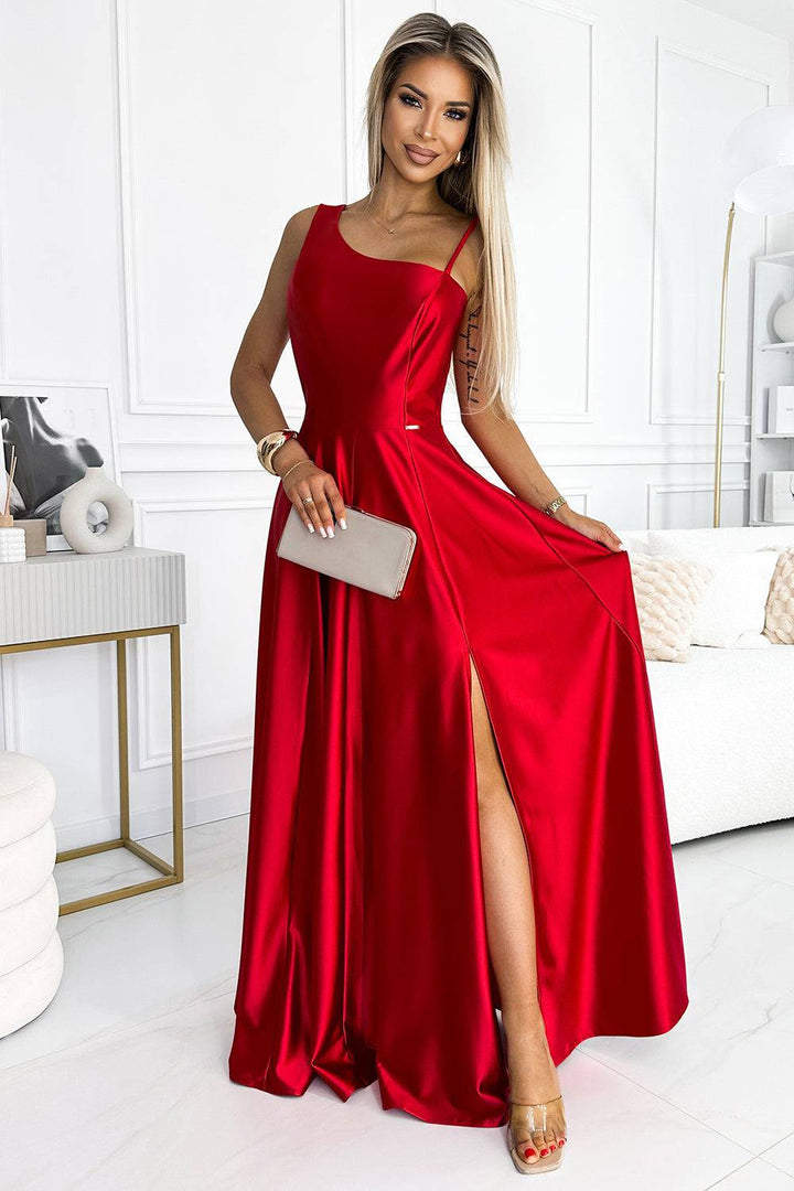 Numoco 524-1 Long elegant satin one-shoulder dress - red