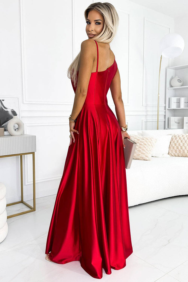 Numoco 524-1 Long elegant satin one-shoulder dress - red