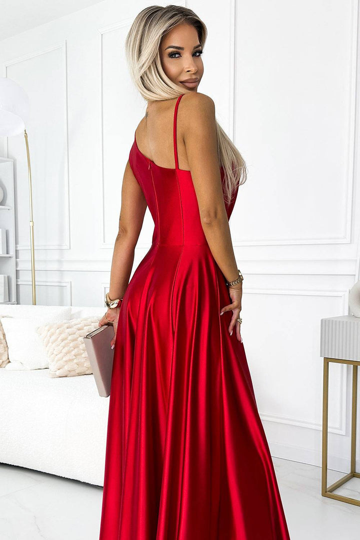 Numoco 524-1 Long elegant satin one-shoulder dress - red