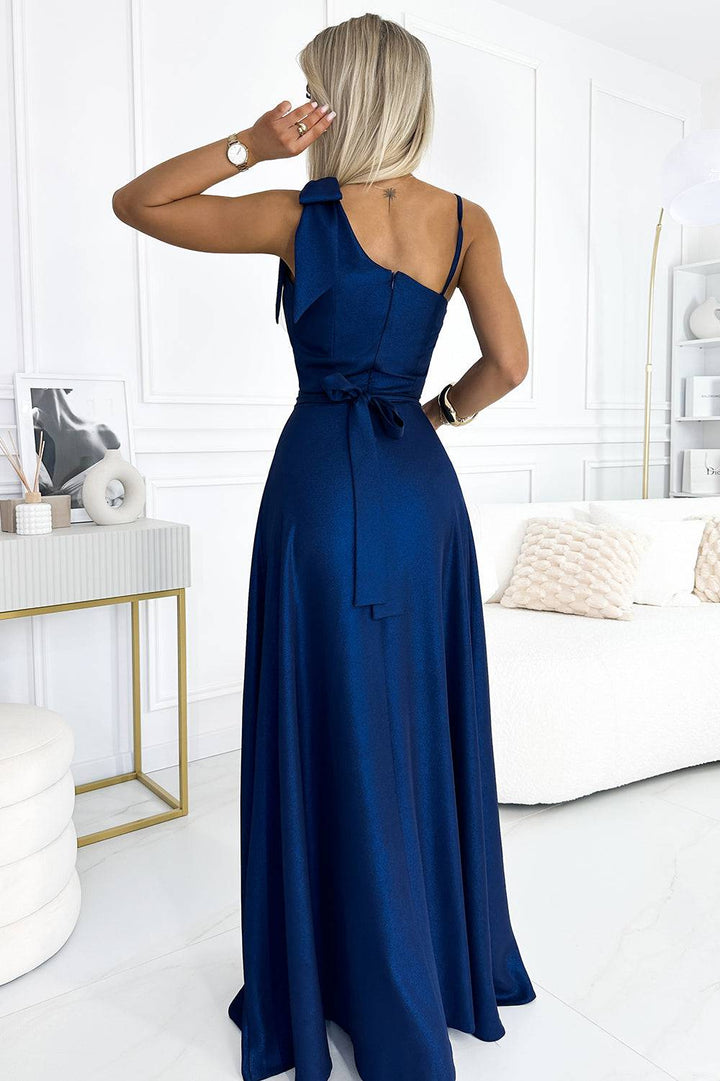 Numoco 528-1 Long shiny one-shoulder dress with a bow - navy blue