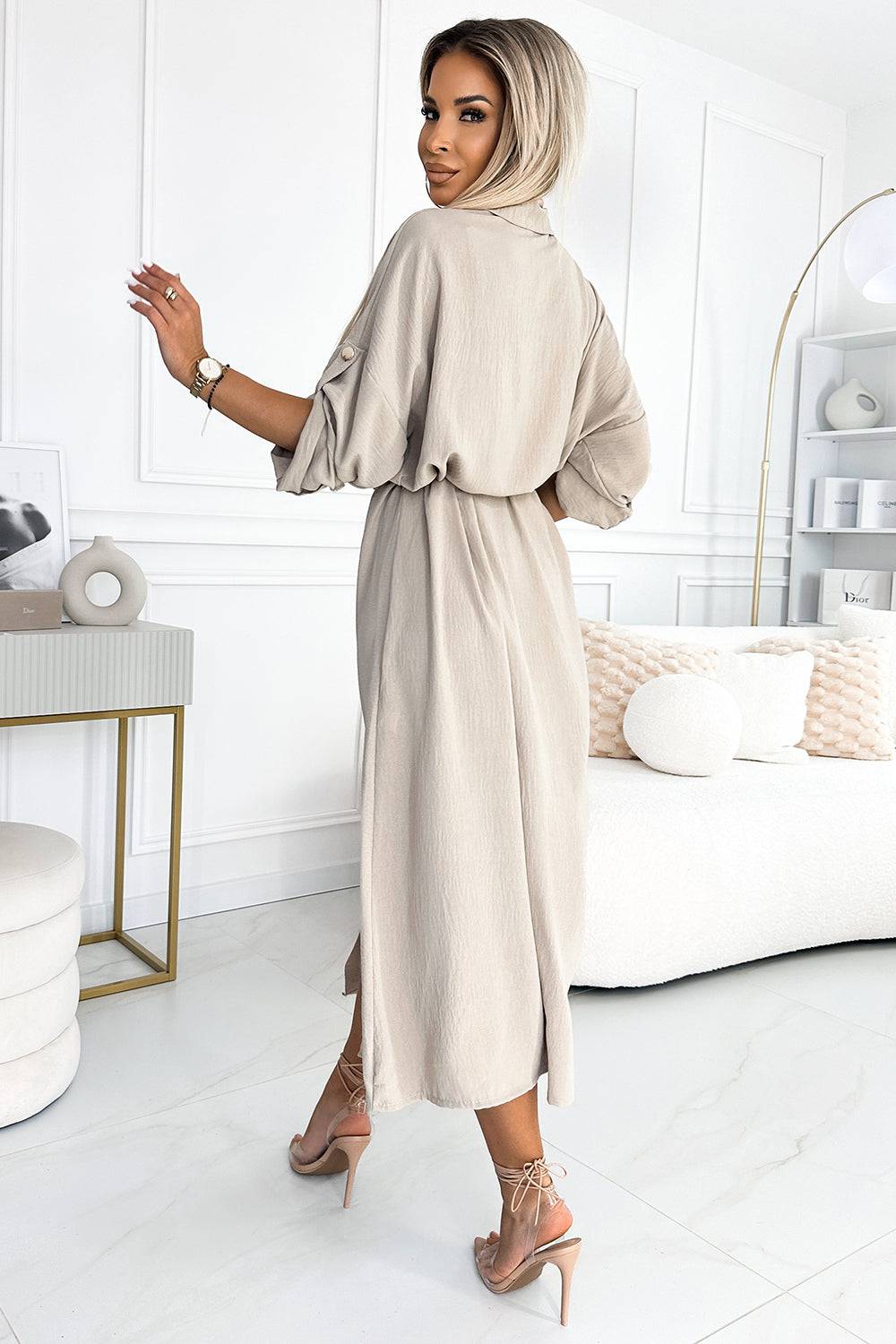 Numoco Basic 531-1 Midi shirt dress with gold buttons and ties - beige-Shangri-La Fashion