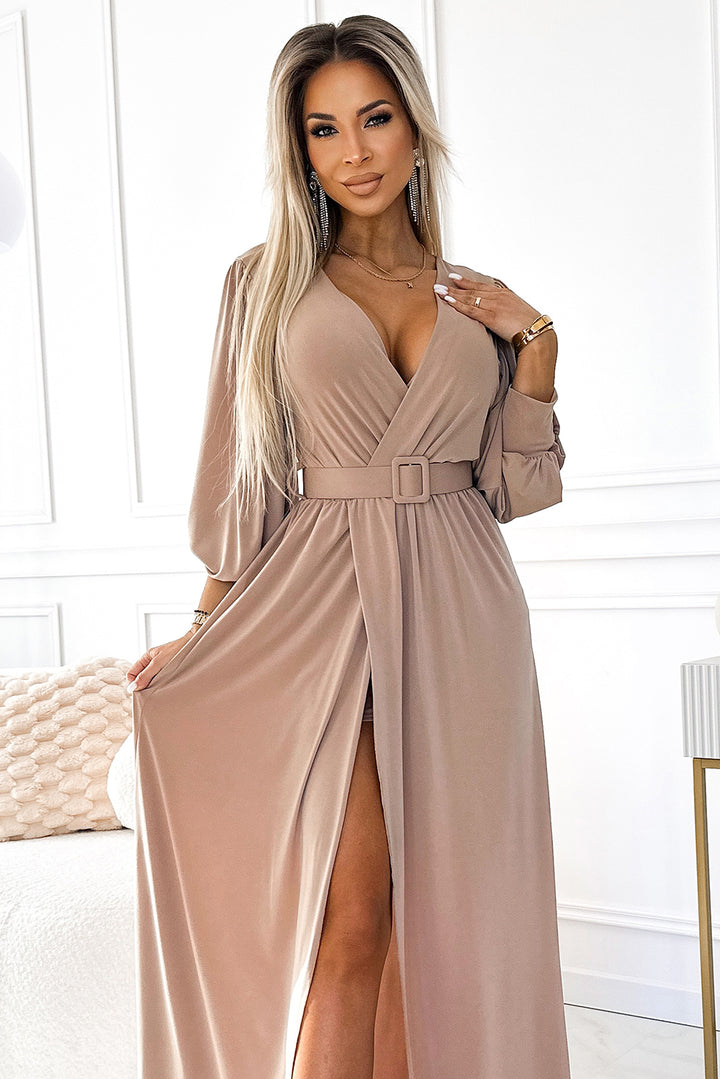 Numoco Basic 536-2 FIORELLA Long dress with a wide belt and neckline - beige-3