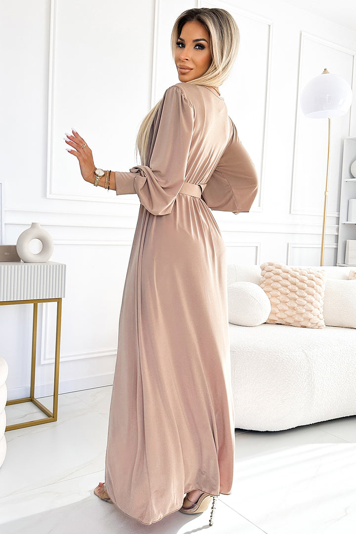 Numoco Basic 536-2 FIORELLA Long dress with a wide belt and neckline - beige-2