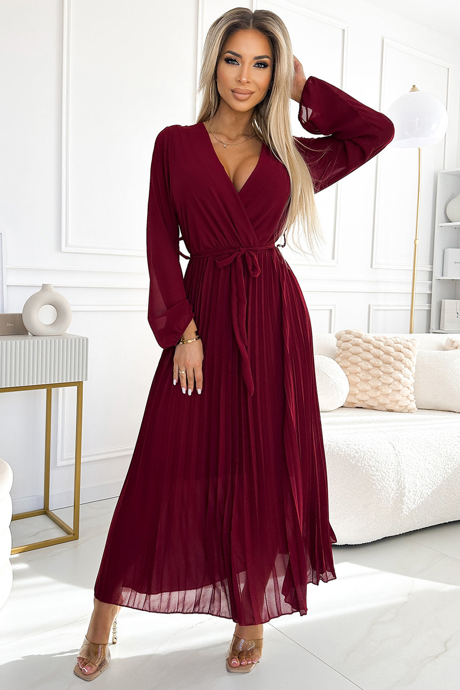 Numoco Basic 537-1 Pleated chiffon dress with scoop neckline, long sleeves and tied belt - burgundy-0