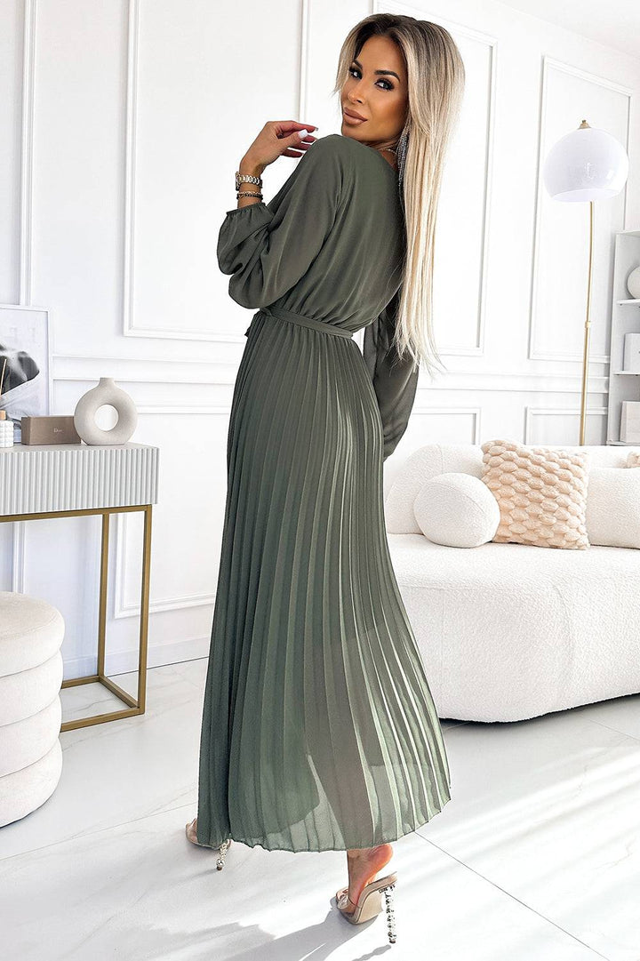 Numoco Basic 537-2 Pleated chiffon dress with scoop neckline, long sleeves and tied belt - KHAKI-Shangri-La Fashion