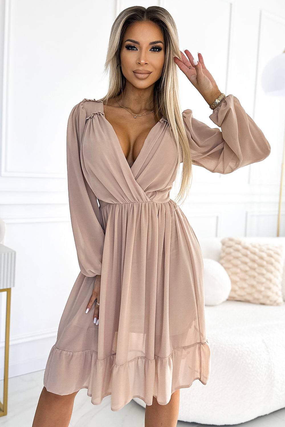 Numoco 538-1 MILA Chiffon midi dress with long sleeves and neckline - beige