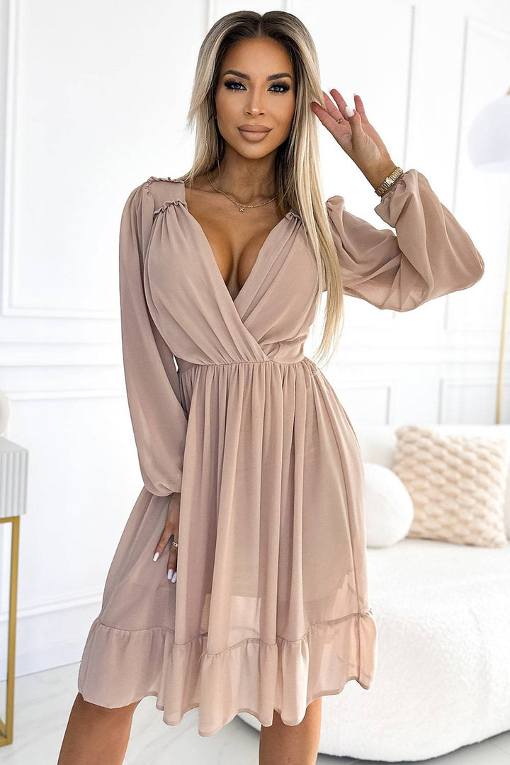 Numoco 538-1 MILA Chiffon midi dress with long sleeves and neckline - beige