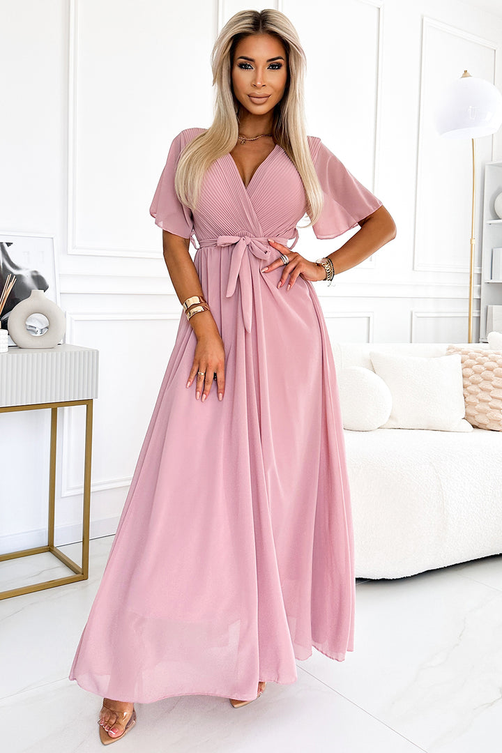 Numoco Basic 545-1 Long dress with a pleated neckline and ties - powder pink-0