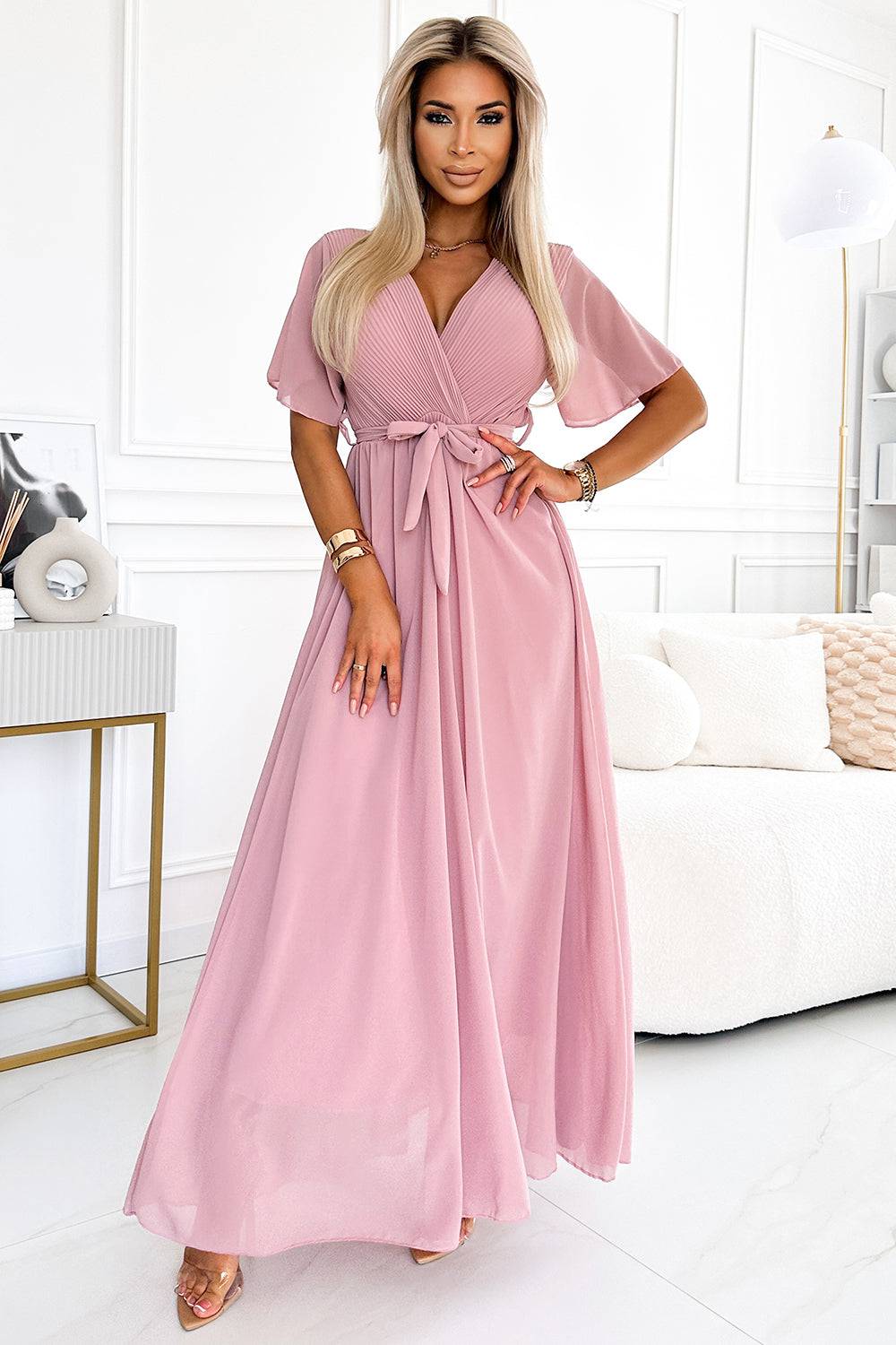 Numoco Basic 545-1 Long dress with a pleated neckline and ties - powder pink-Shangri-La Fashion