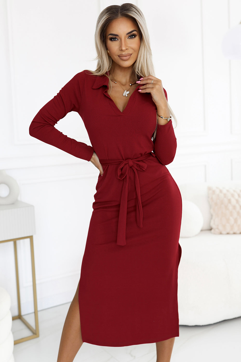 Numoco Basic 560-1 Classic midi dress with collar and tie - burgundy-0