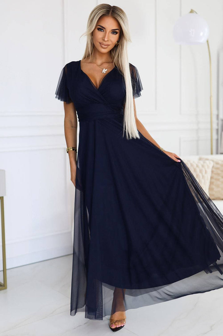 Numoco Basic 562-1 NASTIA Long dress with neckline and short sleeves - navy blue-Shangri-La Fashion