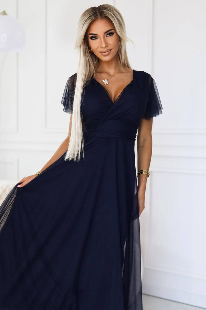 Numoco Basic 562-1 NASTIA Long dress with neckline and short sleeves - navy blue-Shangri-La Fashion