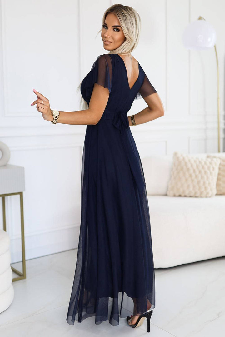 Numoco Basic 562-1 NASTIA Long dress with neckline and short sleeves - navy blue-Shangri-La Fashion